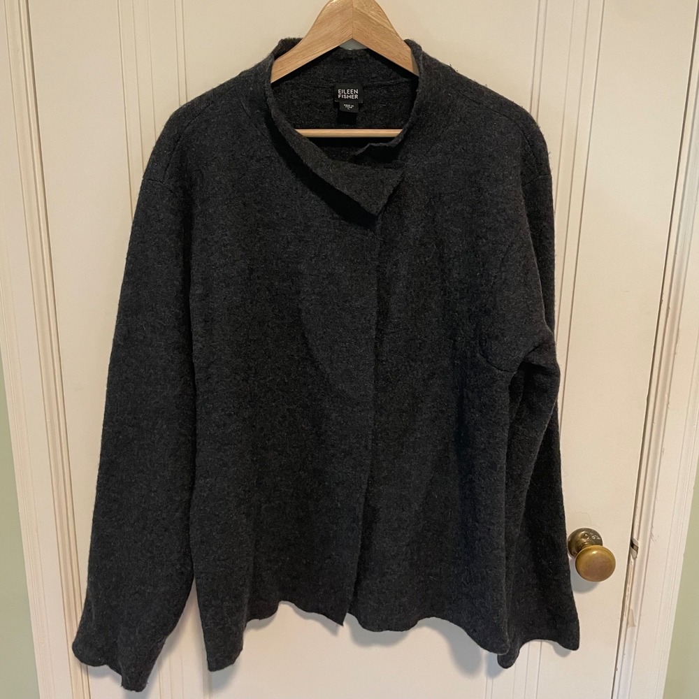 Eileen‎ Fisher Charcoal Gray 100% Boiled Wool Funnel Neck Cardigan Jacket Large